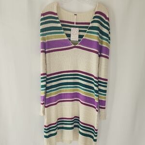 Free People Purple and Green V-Neck Sweater Dress